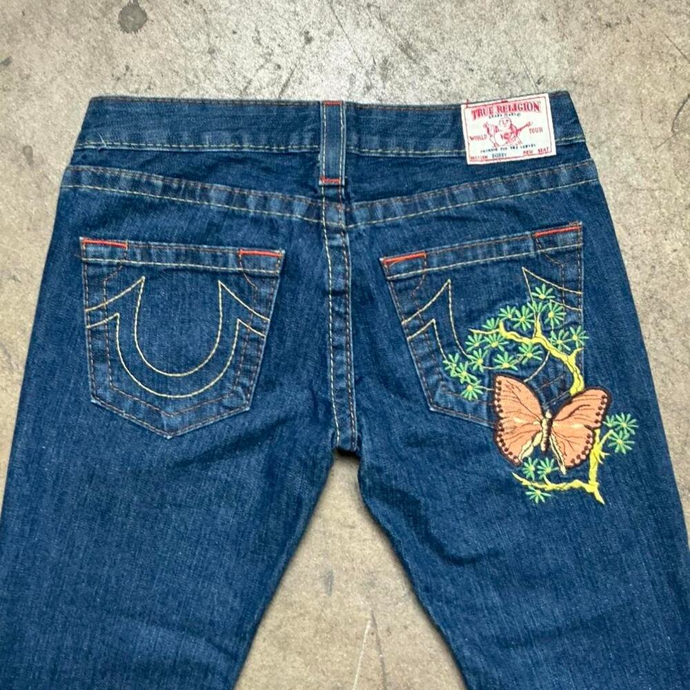2000s Y2K True Religion Low Rise Flared Denim with Butterfly Embroidered